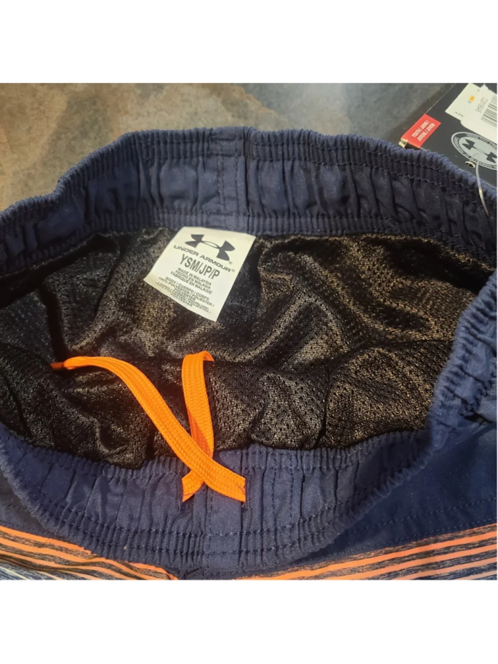 NEW Boys UNDER ARMOUR Orange Navy Blue Stripe Swim Shorts Trunks Sz Youth Sm 8